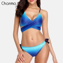 Charmo Women Bikini Set Swimwear Gradient Cross Swimsuit Tied Bandage Bathing Suit Beachwear Bikini cross front side knot bikini rib knot front bikini set