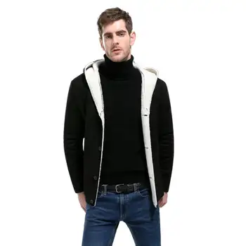 

Men Winter Warm Suede Solid Color Long Sleeve Hooded Jacket Zipper Pockets Coat