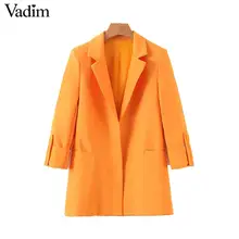 Vadim Женский оранжевый блейзер с карманами, вырезанный воротник, открытый стежок, рукав три четверти, пальто, женская элегантная верхняя одежда для офиса CA495