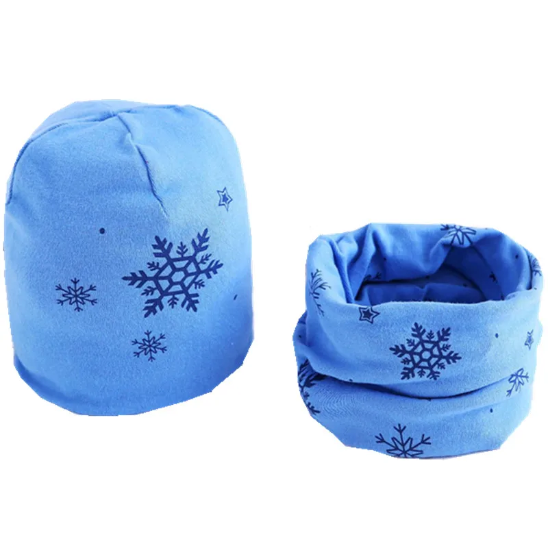 blue snow hat scarf Новые Хлопковые плюшевые шапки для девочек с шарфом Фрукты Сова-овца Звезды Львиная шапочка для мальчиков Детская шапка с шарфом и воротником Комплект хлопчатобумажной шапки для детей - Цвет: blue snow hat scarf