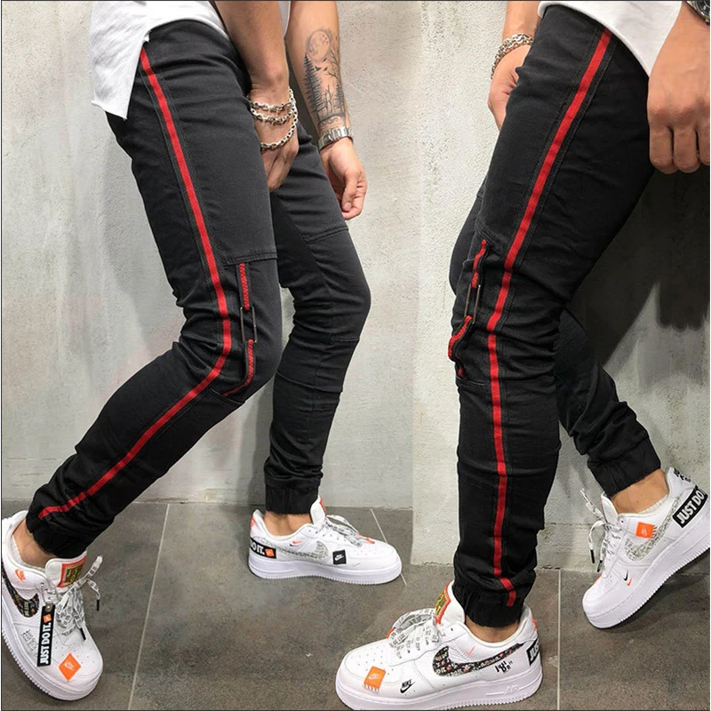 

Skinny Jeans Men Red Stripe Mens Skinny Biker Jeans Denim Super Spray Black Pockets Rubber Band Of Calf Jeans