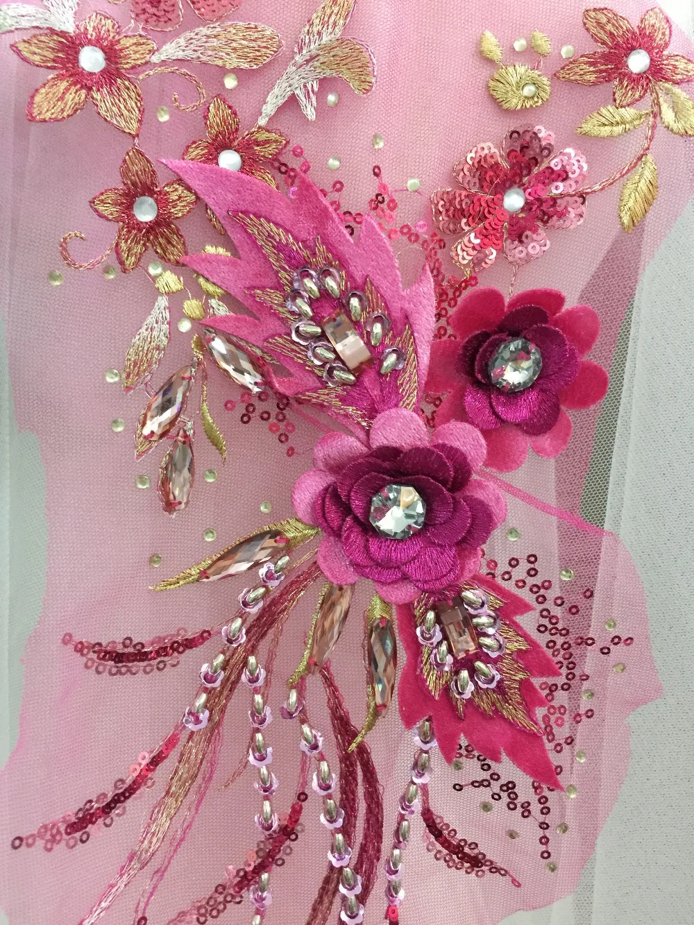 

2 pcs 3D Rhinestone Beaded Flower Lace Applique in Pink ,Pearl Beaded Embroidered for Dance Costumes Bridal Gown Accessory