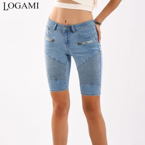 

LOGAMI Moto & Biker Denim Pants Women Elstic Skinny Jeans Woman Zipper Slim Jeans Summer Light Blue