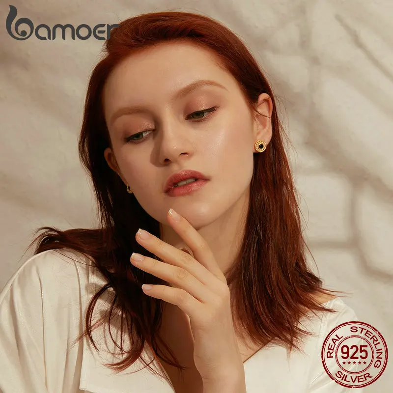 BAMOER, серебро 925 пробы, серьги золотистого цвета, черные серьги-гвоздики из кубического циркония, жемчужные элегантные Винтажные Ювелирные изделия, BSE080