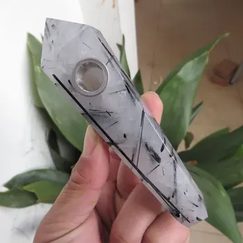 

113g High Quality 100% Natural Black Tourmaline Point Wand Crystal Smoking Pipe Cigarette Holder Tobacco Pipe Reiki Healing