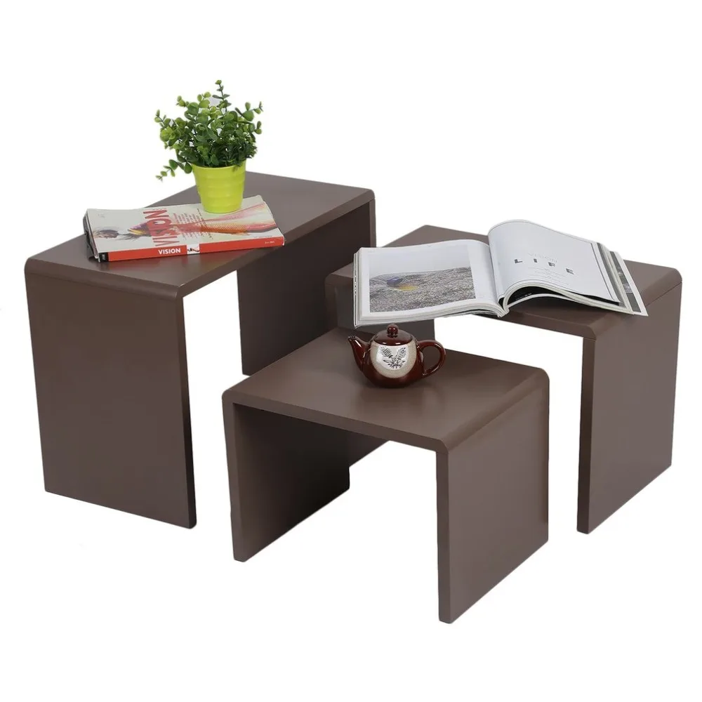 

3PCS/Set Living Room Modern U-Shape Round Angle High Gloss Lacquer Varnish Coffee Tea Table Side Tables Teatables Coffee Color