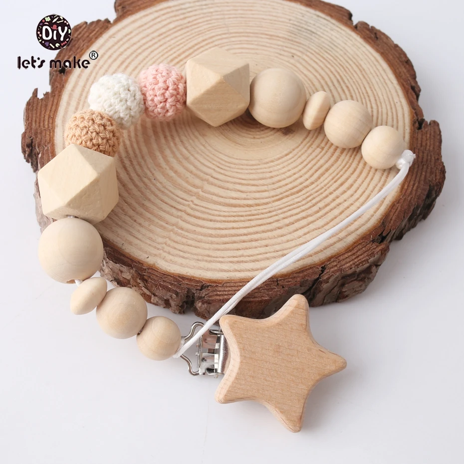 Let's Make Wooden Pacifier Clip Chain Beech Wood Star Metal Dummy Clip Baby Teething Hex Beads And Crochet Beads Holder Soothie