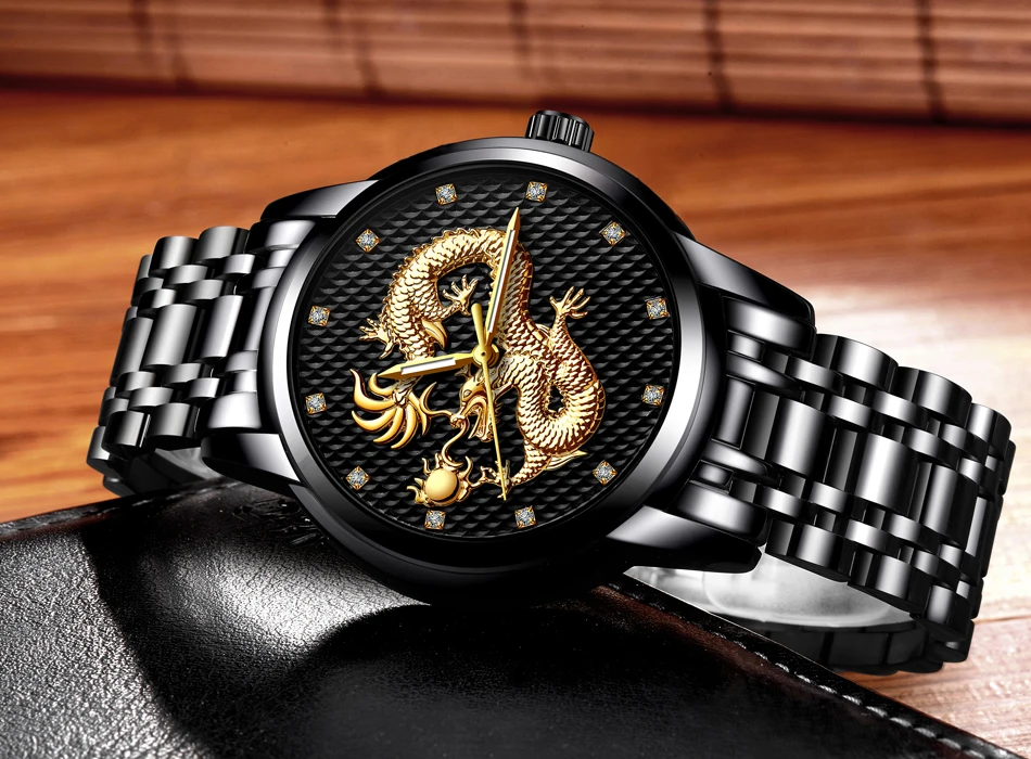 Мужские часы Лидирующий бренд LIGE роскошные золотые Дракон Скульптура кварцевые часы мужские полностью стальные водонепроницаемые наручные часы relogio masculino