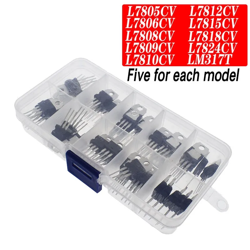 

LM317T L7805 L7806 L7808 L7809 L7810 L7812 L7815 L7818 L7824 Transistor Assortment Kit 10value 50PCS Voltage Regulator Box