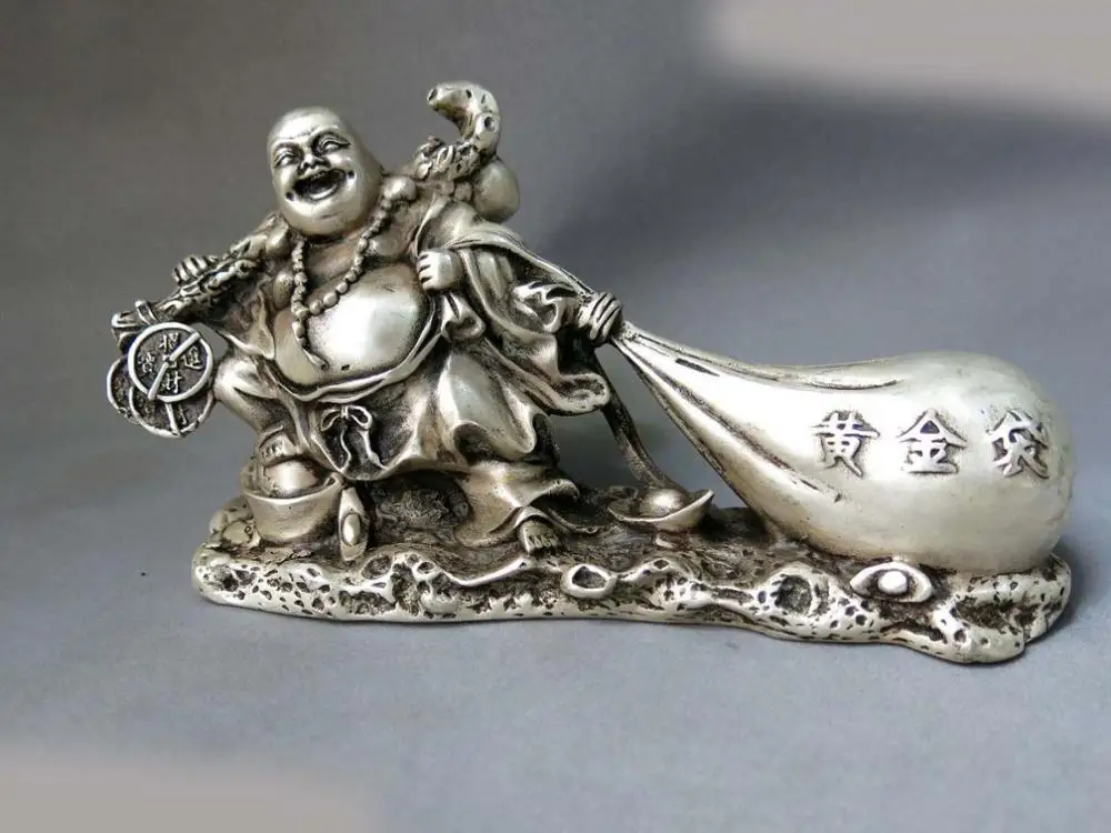 

DS China silver Feng Shui buddhism lucky gold bag Yuan bao happy buddha Statue