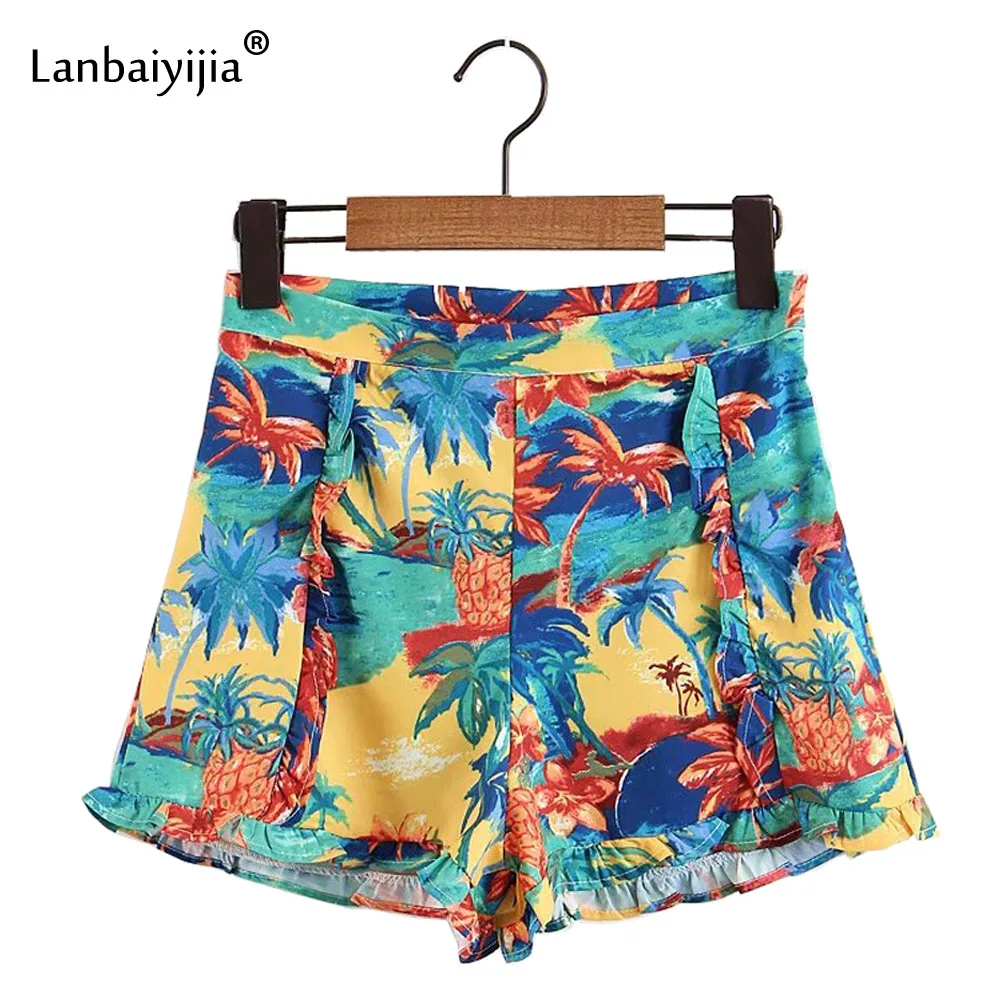 

Lanbaiyijia Ruffles high waist shorts women beach Print Loose Summer Shorts Zipper Fly Wide Leg New Arrival women shorts