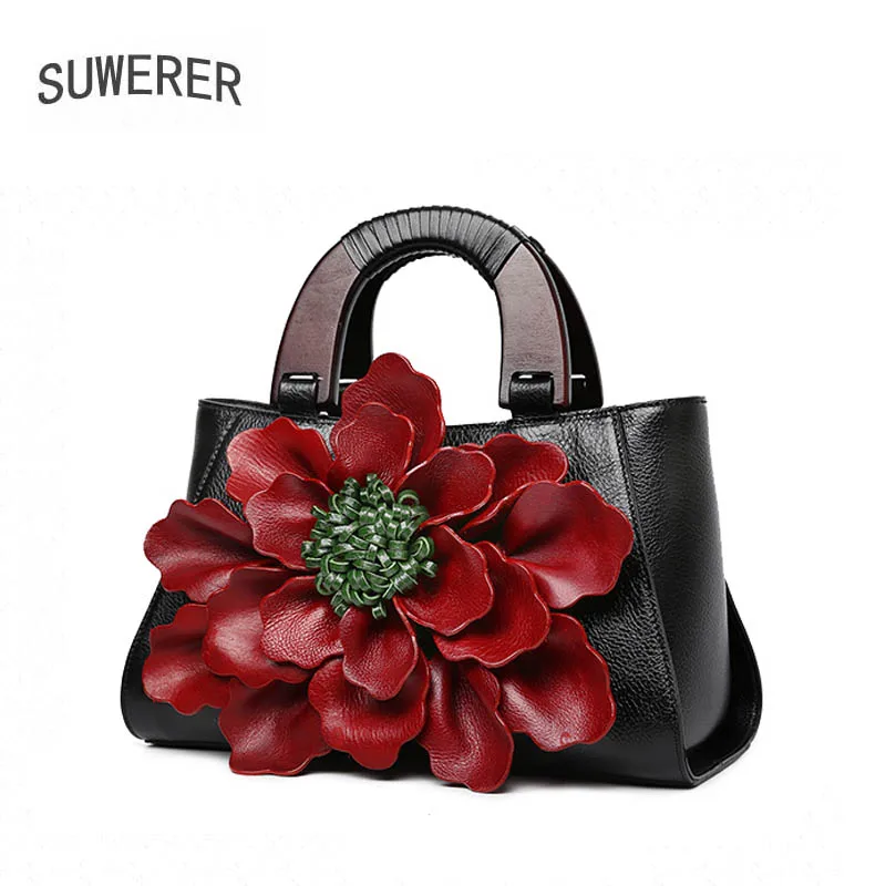 

SUWERER 2020 New women genuine leather bag famous brands Handmade flower fashion top cowhide art bag tote women leather handbags