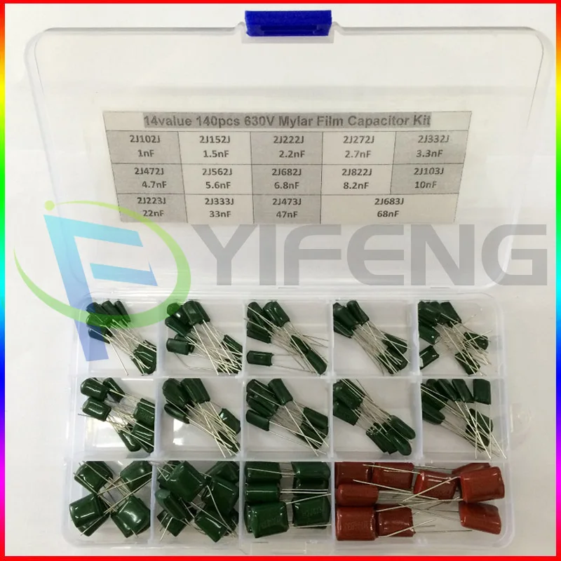 

14Value 140pcs capacitor kit 630V 2J102J to 2J683J Polyester Film capacitor Assorted Kit with electronics storage box