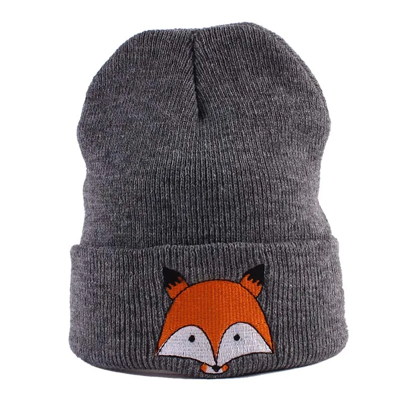 Зимняя шапка, Детская вязаная шапочка с вышивкой, теплая шапка с рисунком лисы, милые детские шапки для мальчиков и девочек - Цвет: dark gray fox