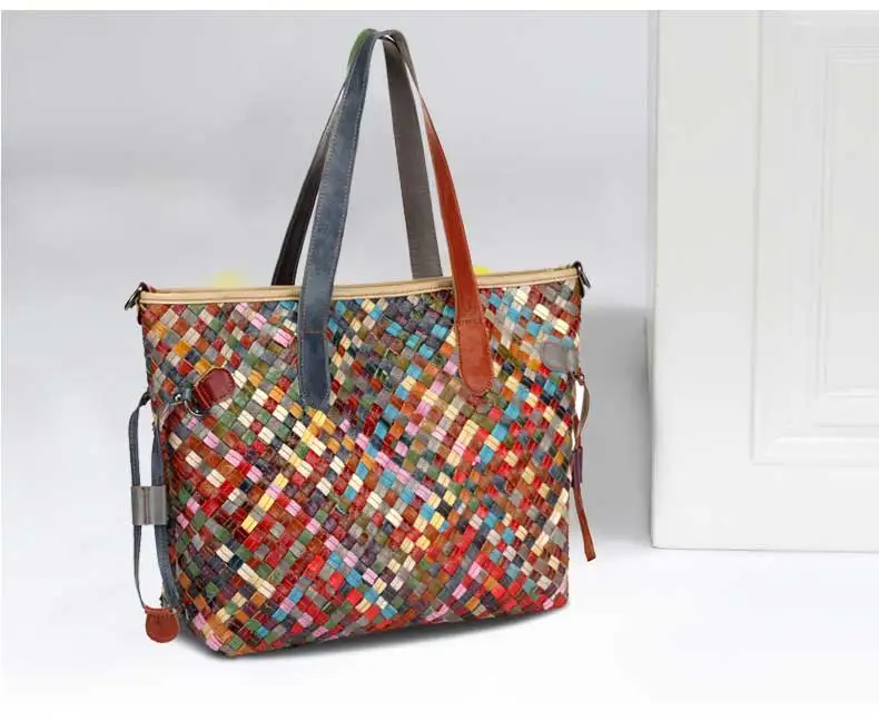Genuine Leather Handmade Women's bag  Knitted  Colorful  Shoulder  Bag Strap satchel cow skin handbags (4)