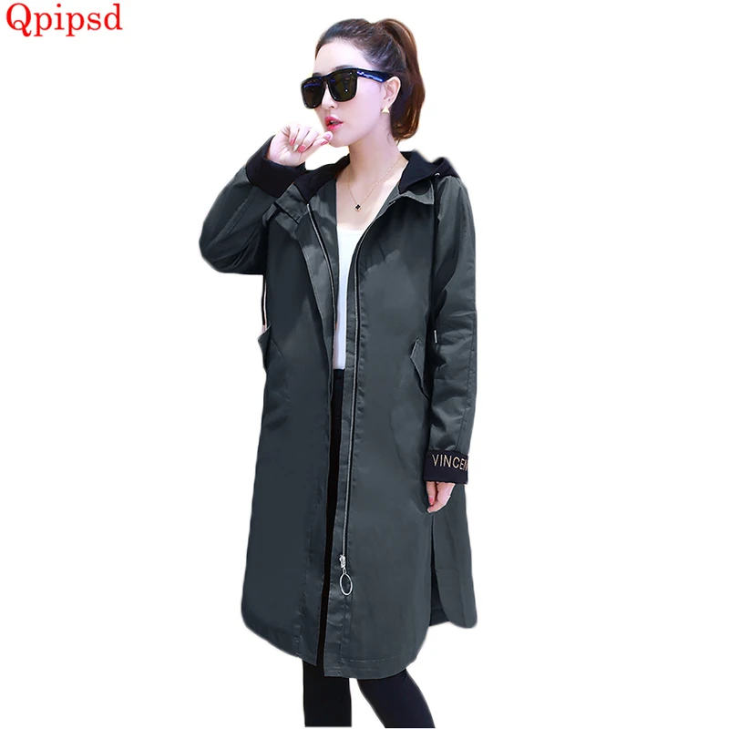 

2018 New Spring Autumn Women Long Trench Coats Female Large size Loose Windbreakers Womens Casual Outerwear Lady Hooded Overcoat