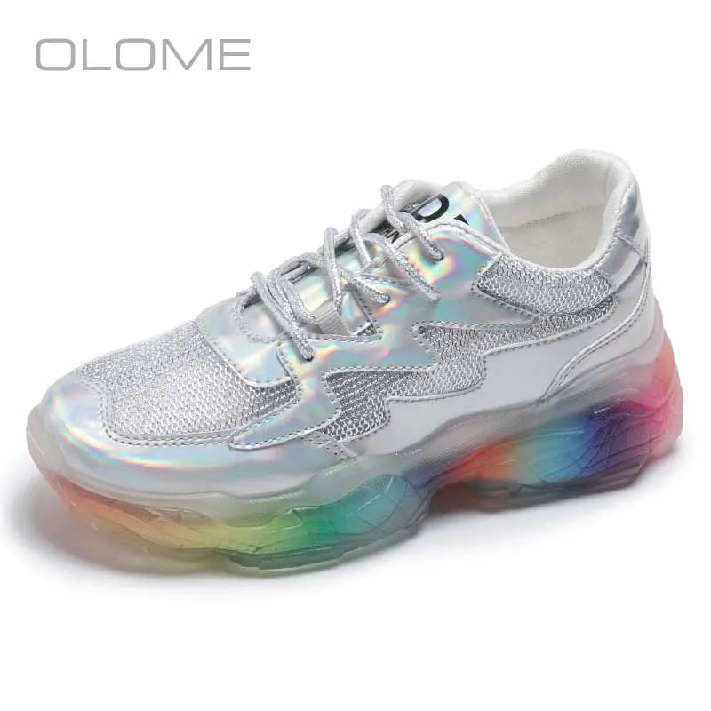 

OLOME summer new super fire Personality wild Breathable mesh shoes transparent bottom colorful rainbow bottom female sneakers