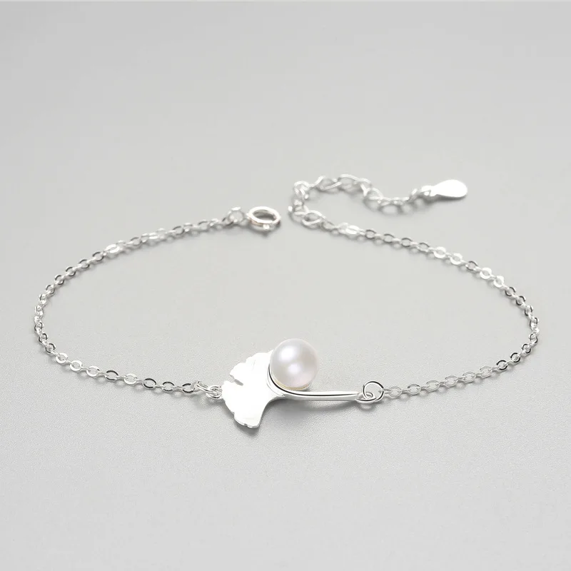 

Authentic 925 Sterling Silver Ginkgo leaves Round Pearl Bracelet Fine Jewelry For Women Party Trendy Accessories Gift 041706124