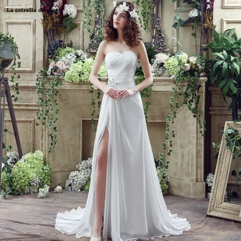 

robe mariage 2020 white backless chiffon crystal strapless high split A Line beach bohemian wedding dress traje de novia sexy pl