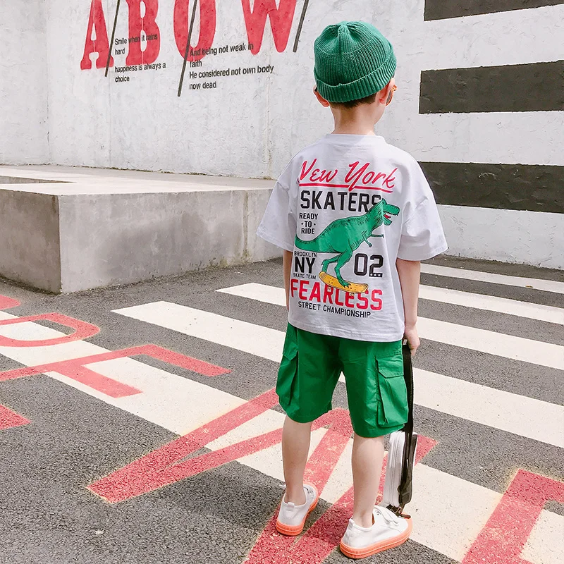 

Big Boy Short Sleeve Dinosaur TShirt+short Pant 2pc Short Sets Children's Clothing Kids Summer Boys Loose Clothes Suits 4-13 Yrs