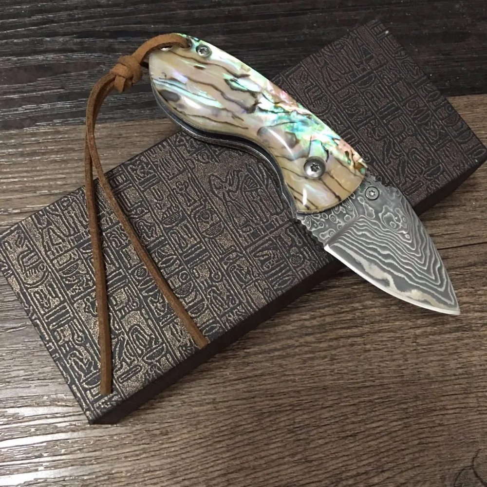  58HRC Handmade Damascus steel blade Pocket Folding Knife with shell Handle utility knife gift knife