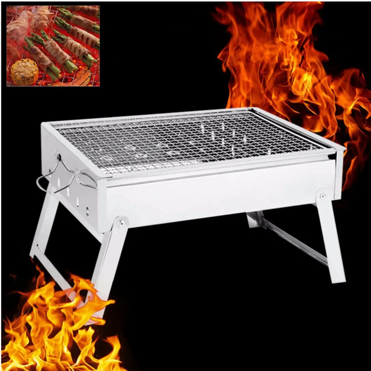 Portable Stainless Steel Grill Stove Rack Pan Roaster Outdoor Charcoal