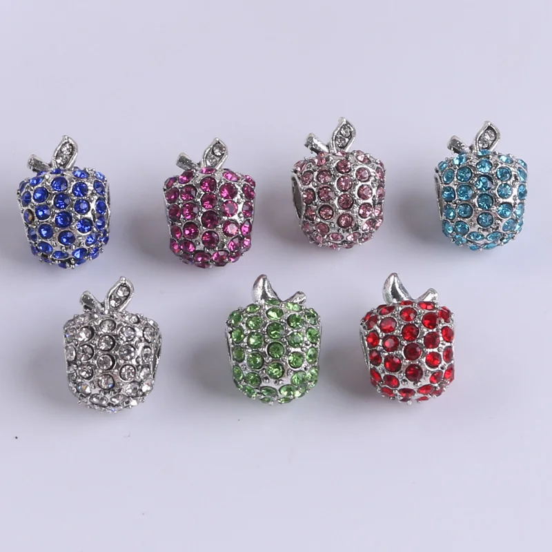 

5pcs/lot Vintage Silver Strawberry Shape Full Crystal Big Hole Slide Spacer Charm Beads fit European Bracelet or Necklace