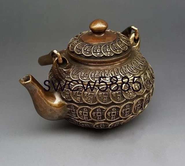 Old Chinese Brass Copper Wealth Money Coin Portable Wine Tea Pot Flagon NR | Дом и сад