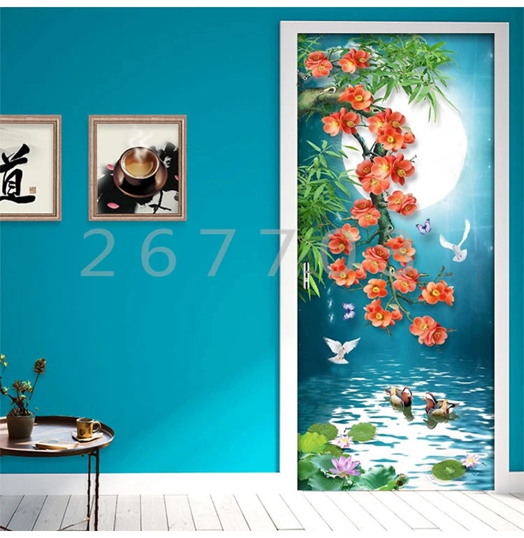 Креативная наклейка на дверь с Луной и птицей, домашний декор, самоклеющиеся обои, водостойкая Фреска для ремонта дверей спальни