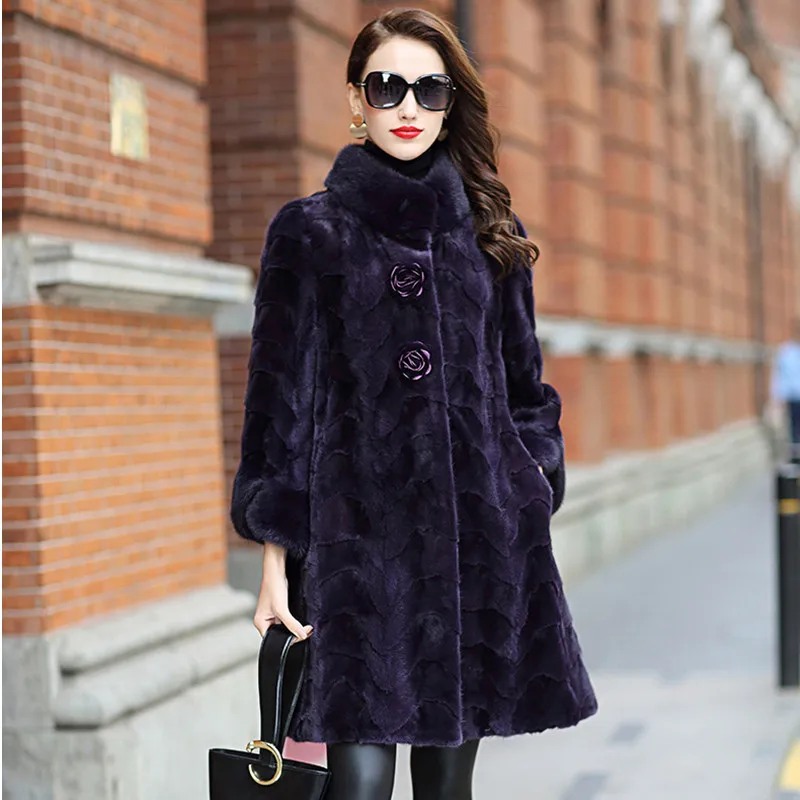 

LEAYH Luxury Thick Warm Natural Genuine Mink Fur Coat For Women Female Fashion Real Fur Long Jackets Purple Color