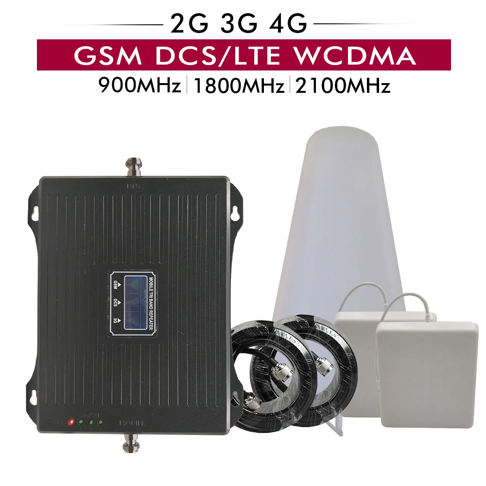 2G 3G 4G Tri-Band Booster GSM 900 DCS/LTE 1800 WCDMA 2100 Cellphone Signal Repeater Amplifier Full set with 2 PCS Indoor Antenna
