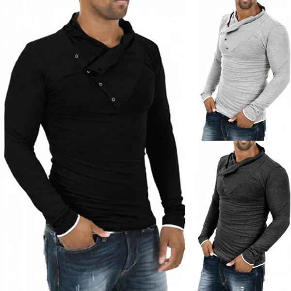 2015 New Arrival Slanting Button Collar Cotton Long Sleeve Men T-Shirt Free Shipping Solid T Shirt Drop Slim 3 Color | Мужская одежда