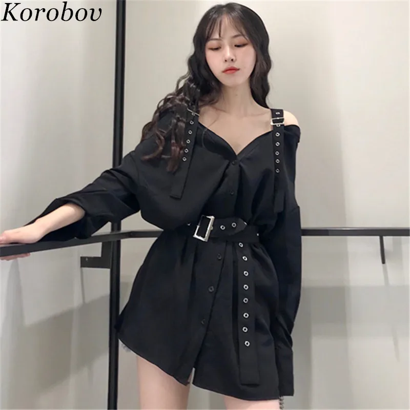 

Korobov 2019 New Arrival Vintage Female Blouse Korean Sashes Button Mujer Shirts V-Neck Long Off Shoulder Women Blusas 76391