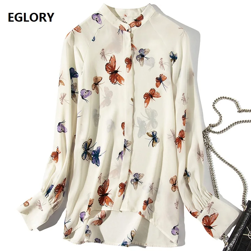 

Butterfly Shirt 2019 Spring Summer Top Quality Silk Shirt Women Asymmetrical Style Long Sleeve Casual Plus Size Blouse Female