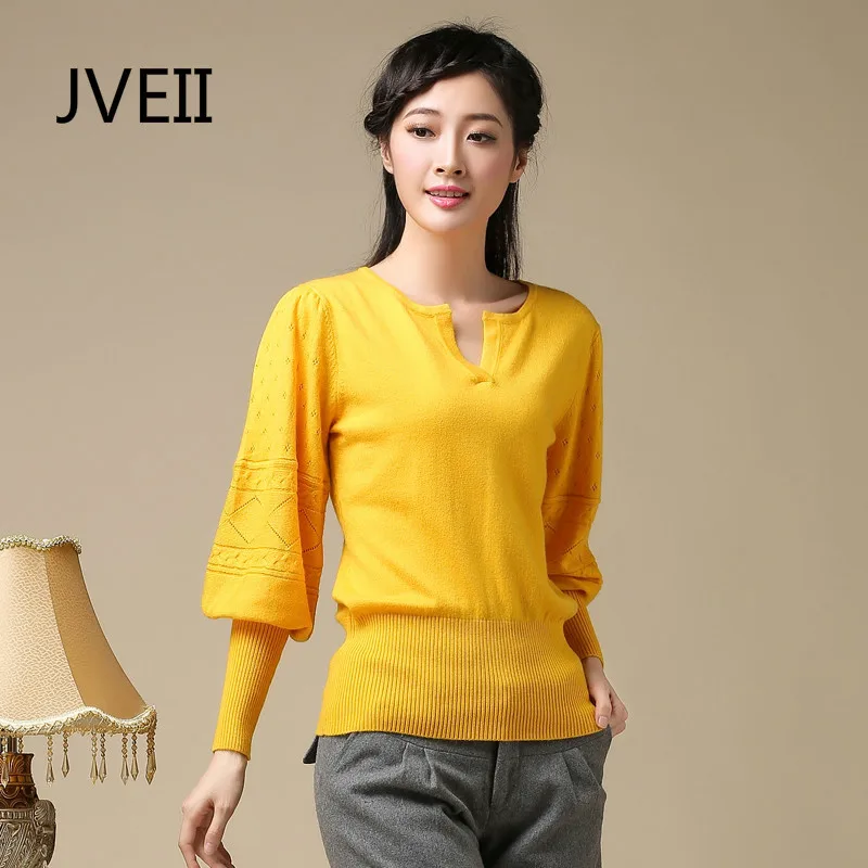 

JVEII New Women's V-neck Lantern Sleeve Cashmere Sweater Knit Pullover Bottoming Shirt Hollow Sweater