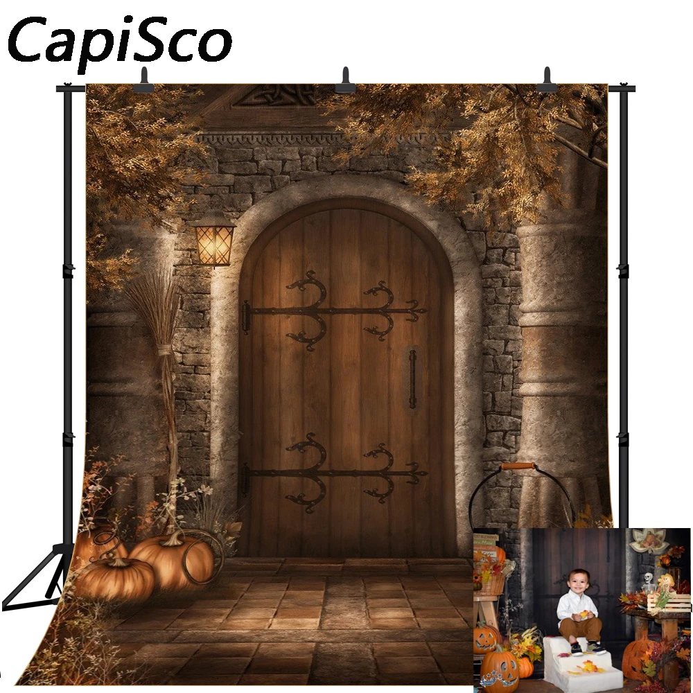 

Capisco Vintage Stone Wall House Wooden Door Pumpkin Yard Halloween Custom seamless photography backdrops Studio Background