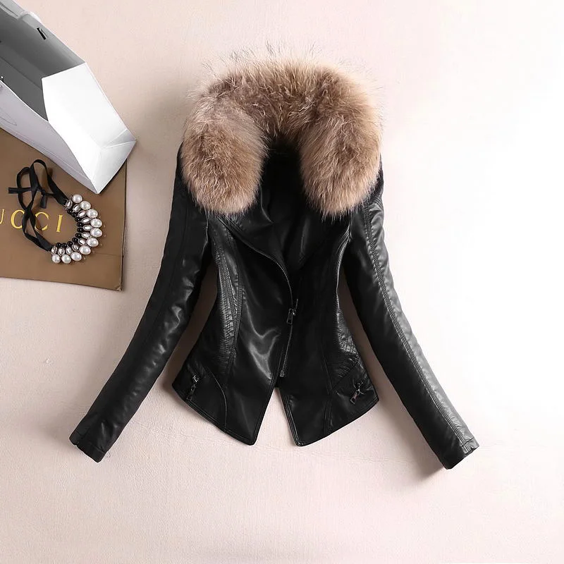 Осенне-зимняя Толстая куртка на молнии из искусственной кожи с эффектом потертости, черная куртка с воротником из натурального меха, женское тонкое пальто с длинным рукавом, воротник-стойка