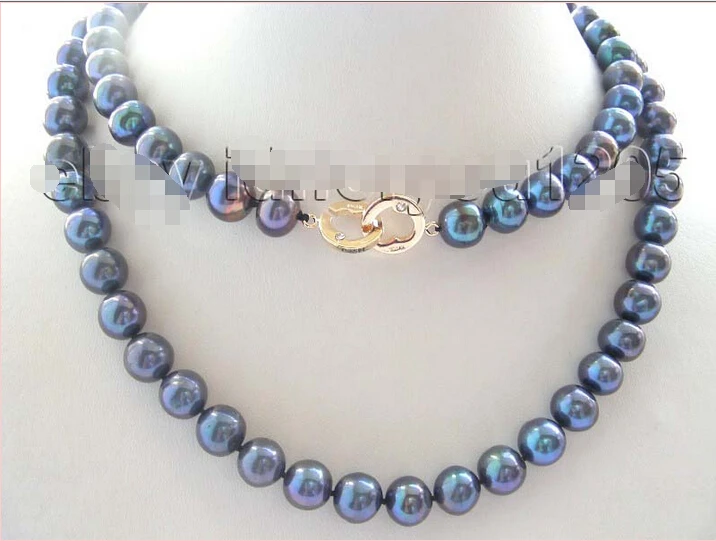 

34" Natural 11mm Black Round Pearl Necklace 14KGP!