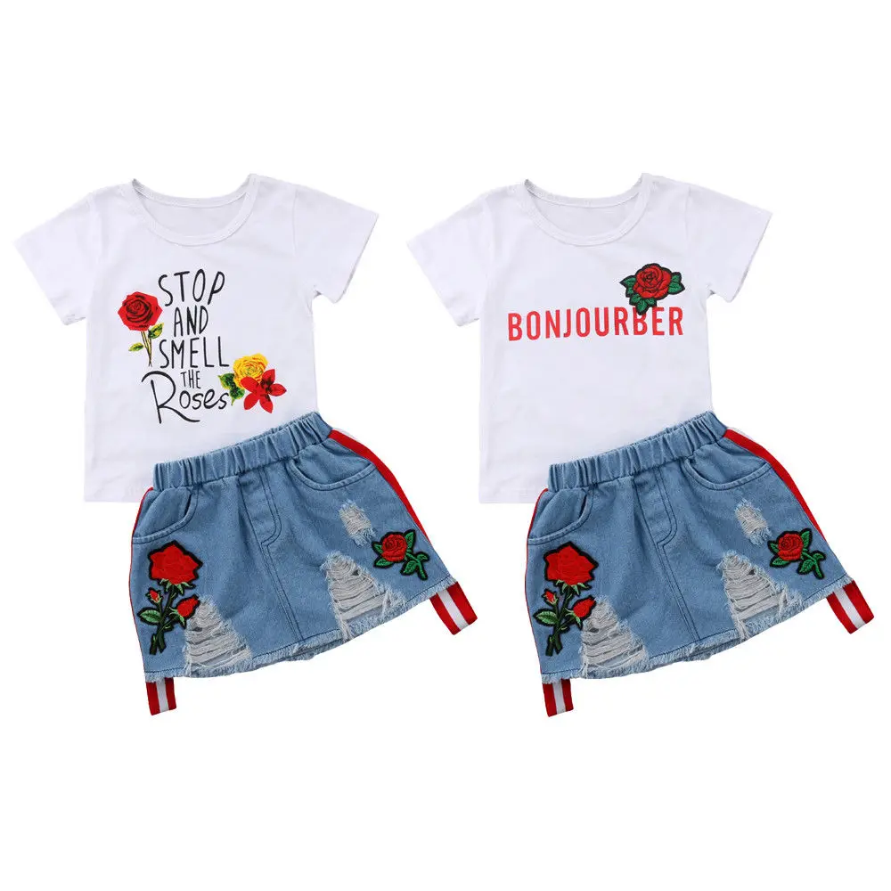

Fashion New Toddler Kids Girl Summer Clothes Short Sleeve Floral T-shirt Tops+Embroider Rose Flower Hole Denim Skirt 2PCS Set