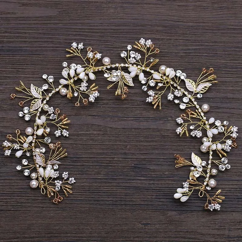 

Gold/Silver Pearl Crystal Floral Leaf Bridal Headbands Rhinestone Wired Bride Hairband Tiara Jewelry Wedding Hair Accessories JL