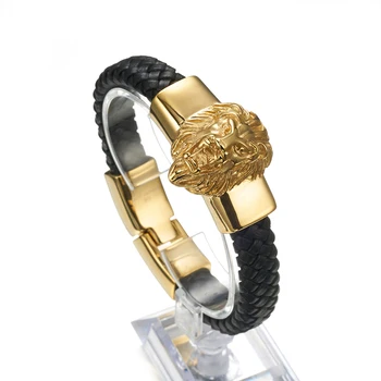 

New Fashion Fine Jewelry Men Great Black Leather Stainless Steel Vintage Silver/Gold Color Lion Bracelets Male Accessories