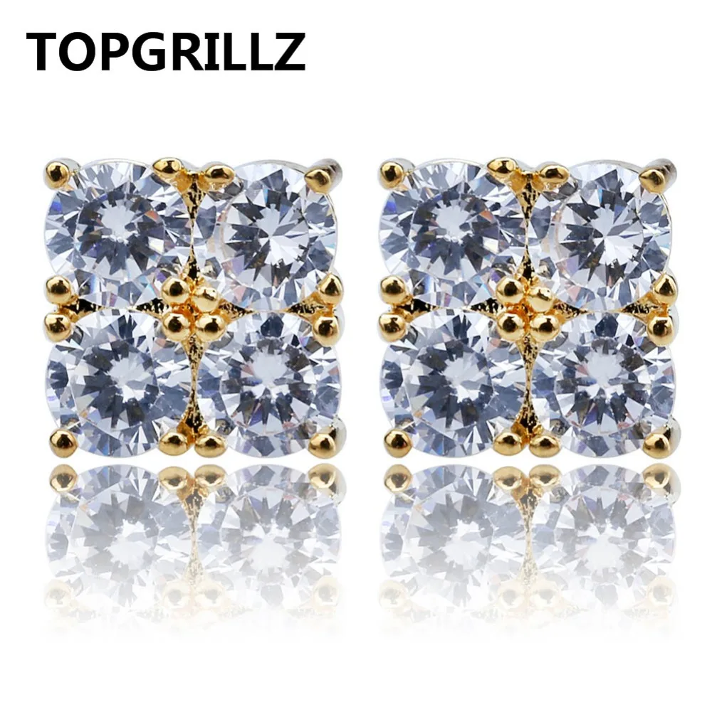 TOPGRILLZ хип хоп Золото Серебро Цвет Iced Out 2 ряда кубический циркон квадратные серьги с закручивающаяся задняя часть Пряжка мужские ювелирные подарки