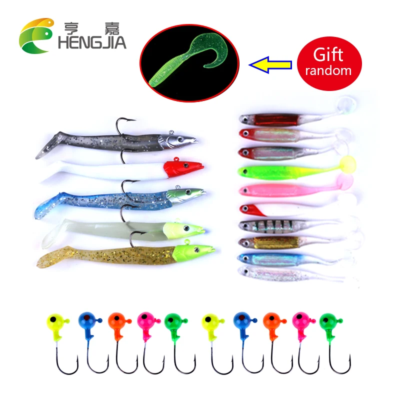 HENGJIA 25pcs Worm Carp Fishing Lure Set lead plating fish PVC soft lure Lead jig Head bass Jigs Hook Suit pesca fishing tackle