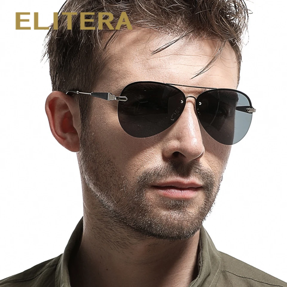Koop ELITERA Brand Design Retro Ovale Gepolariseerde Zonnebril Men Driving Shades Mannelijke Randloze Zonnebril