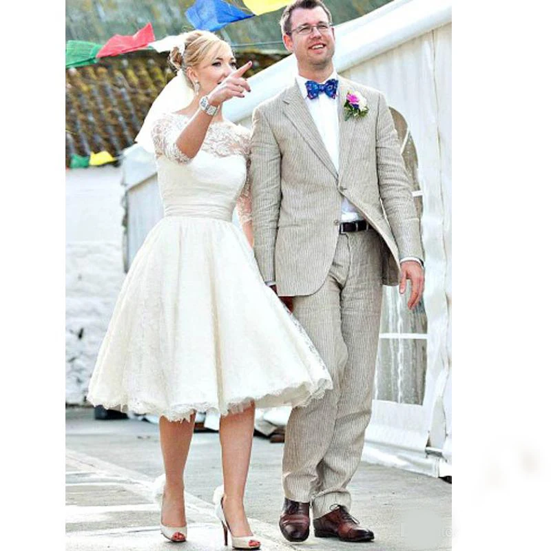 

New Vintage Fifties Short Wedding Dress with Half Sleeves Tea Lengh Lace Bridal Dress Wedding Gowns