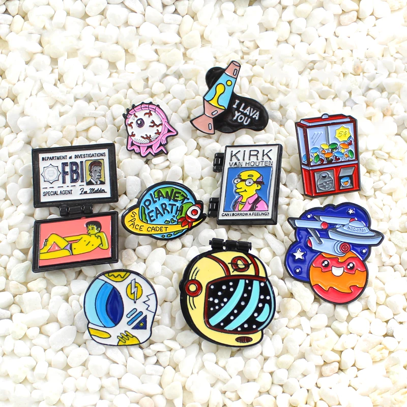 

Cartoon astronaut helmet Rocket planet Slot machine Foldable tape FBI business card Flask black lava Bloodshot eyeball Brooch