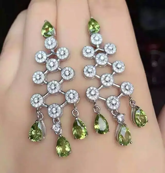Женские серьги подвески из серебра 925 пробы с натуральным Перидотом|earrings 925|earrings