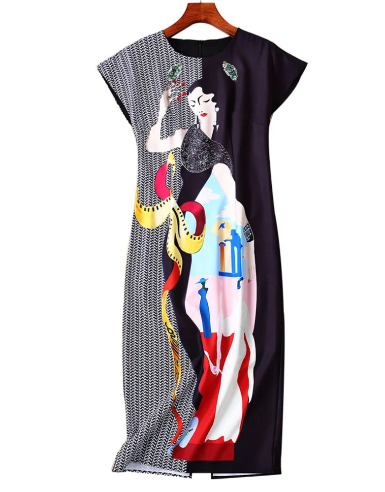 

Celebrity 2019 Runway Summer Dress Women Beading Short Sleeve Vintage Abstract Beauty Printing Split Bodycon Dress Office Ladies