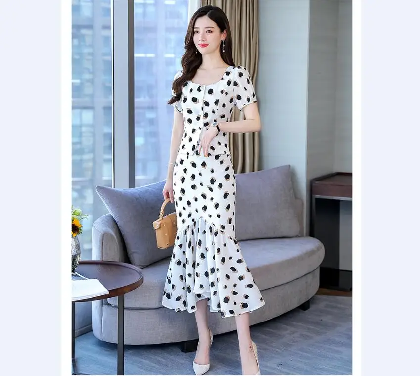 SUmmer Women Two Piece Sets top blouse Shirt and long mermaid Skirt Sets Fashion lady party dot Skirts suits