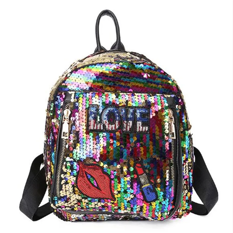

Meloke 2018 new women sequins leather backpack embroidery lip letters travel bags bling travel bags drop shipping XC69